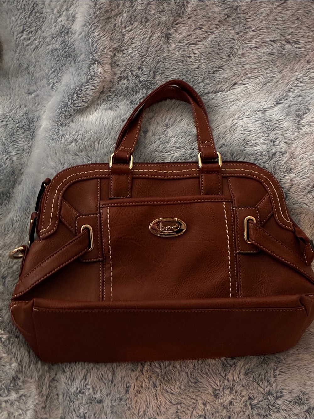 BCBG Cognac Brown Leather Satchel with Gold Hardware